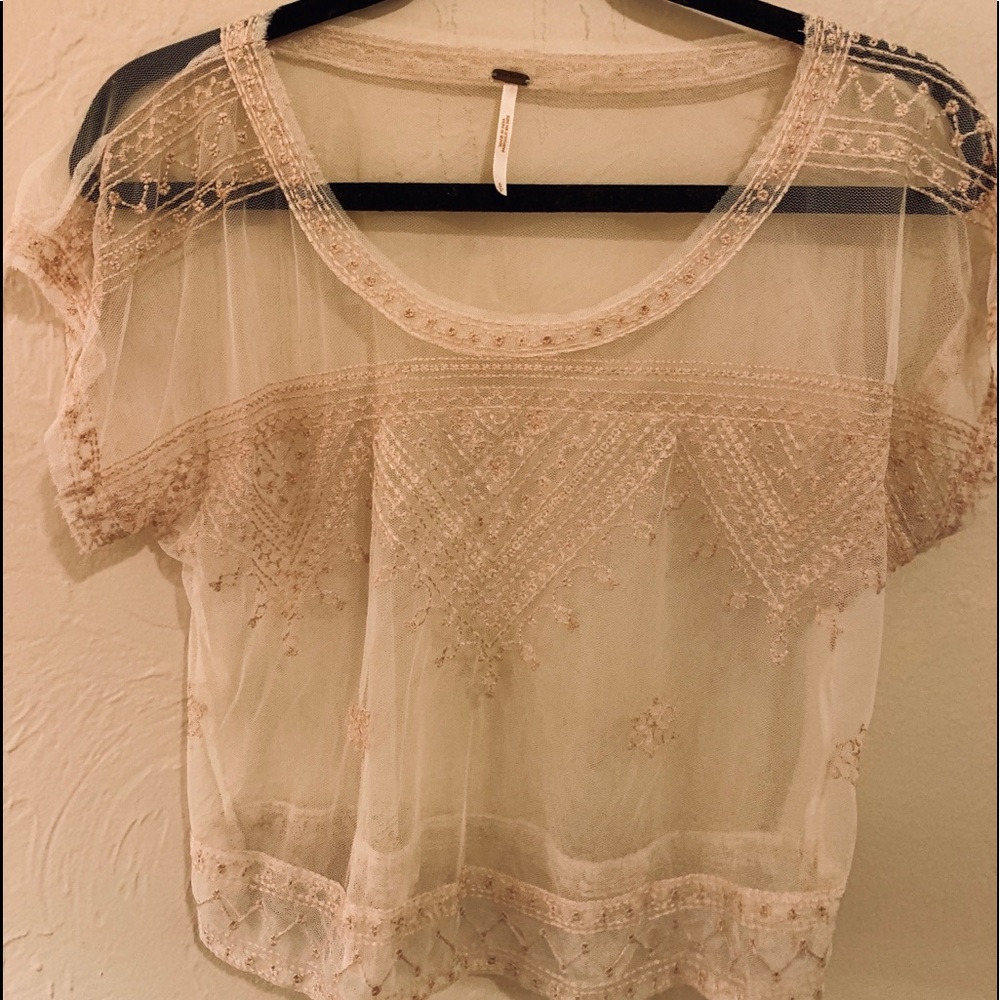 Free People beautifully embroidered sheer crop top
